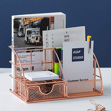 Load image into Gallery viewer, Yarlung Mesh Rose Gold Desk Organizer with 5 Compartments and Sliding Drawer, Multifunctional Office Supplies Holder, Desk Accessories Collection for Women and Men
