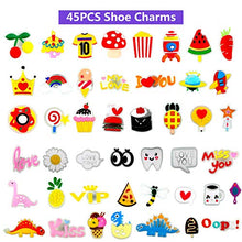 Load image into Gallery viewer, FOOIND 45PCS Shoe Charms Glow in the Dark &amp; 1 Wristbands ,Food Pattern Shoe Charms for Croc Clog Shoes Bands Bracelet Wristband Party, Dinosaur Pattern Shoe Charms for Teens Children Birthday Gifts
