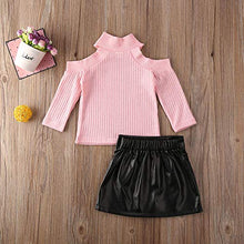 Load image into Gallery viewer, Kids Baby Girls Outfits Off Shoulder Sweater Tops+PU Leather Mini Skirt 2PCS Set Winter Clothes(Pink+Black, 18Months-2 T)
