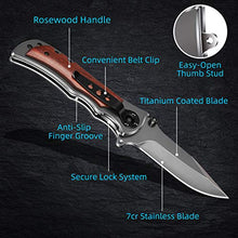 Load image into Gallery viewer, GVDV Pocket Folding Knife with Safety Liner-Lock, Tactical Knife for Camping Hunting Fishing, with Titanium Coated Blade, Belt Clip, Stainless Steel, Wooden Handle,Grey
