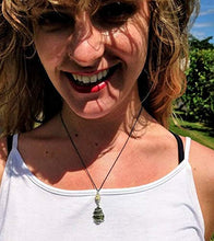 Load image into Gallery viewer, MOLDAVITE &amp; RHODIZITE NECKLACE Wire Wrap 925 Silver on a 19" Durable Black Silk Chain! Metaphysical Reiki Healing Energy Genuine Czech Synergy 12 Crystal Pendant Tektite!

