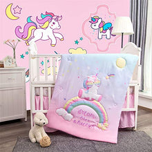Load image into Gallery viewer, La Premura Unicorn Baby Nursery Crib Bedding Set for Girls – Baby Unicorn &amp; Rainbows 3 Piece Standard Size Crib Bedding Sets in Pink, Yellow &amp; Green
