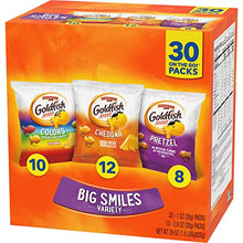 Load image into Gallery viewer, Pepperidge Farm Goldfish Crackers Big Smiles with Cheddar, Colors, and Pretzel Crackers, Snack Packs, 30 Count Variety Pack Box
