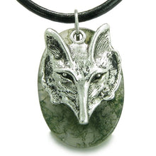 Load image into Gallery viewer, BestAmulets Amulet Courage Wise Wolf Head Good Luck Powers Moss Agate Leather Pendant Necklace
