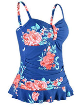 Load image into Gallery viewer, Hilor Women's 50's Retro Ruched Tankini Swimsuit Top with Ruffled Hem Navy&amp;red Floral 18
