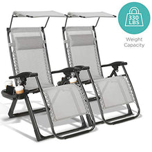 Load image into Gallery viewer, Folding Zero Gravity Chairs Patio Set of 2 with Folding Canopy Shade and Pillow Cup Holder Patio Furniture Outdoor Adjustable Dining Recliner Lounge Chairs for Deck Patio Beach Yard (Gray)
