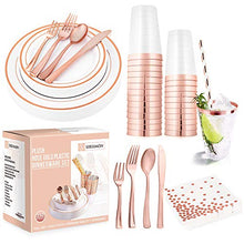 Load image into Gallery viewer, SIRSIMON 250 Piece Disposable Rose Gold Plastic Dinnerware Set - 50 Rose Gold Plastic Plates - 25 Rose Gold Plastic Silverware - 25 RoseGold Cups and Straws - 50 Fancy Napkins, Wedding or Party of 25
