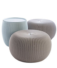 Load image into Gallery viewer, Keter Urban Knit Pouf Ottoman Set of 2 with Storage Table for Patio and Room Décor-Perfect for Balcony, Deck, and Outdoor Seating, Dune/Misty Blue
