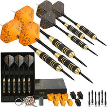 Load image into Gallery viewer, CC-Exquisite Professional Steel Tip Darts Set - 6 x 22g Brass Barrels with 12 Flights Standard/Slim, 12 Aluminum Shafts 35/48mm, 12 O-Rings, Dart Tool, Dart Sharpener and Case (Black &amp; Gold)
