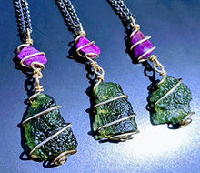 Load image into Gallery viewer, MOLDAVITE &amp; SUGILITE Pendant in Real Gold! 12 Kt Genuine Crystal 19" Necklace. Synergy 12 Tektite Metaphysical Jewelry Meteorite Wire Wrap Stone
