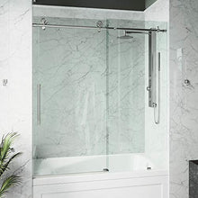 Load image into Gallery viewer, VIGO VG6044STCL6066 2.75"L -60"W -66"H Elan Cass Aerodynamic Frameless Sliding Tub Door with Clear Tempered Glass and Stainless Steel Hardware in Stainless Steel Finish with Reversible Handle
