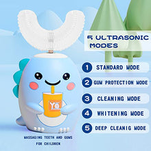 Load image into Gallery viewer, Kids U Shaped Electric Toothbrush with 4 Brush Heads, Ultrasonic Autobrush Toothbrush Kids with 5 Modes, Cartoon Dinosaur 360-Degree Cleaning IPX7 Waterproof Design (2-6 Age (Blue))
