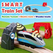 Load image into Gallery viewer, Battery Operated Action Locomotive Train &amp; 10 Pcs Wooden Train Track &amp; 2 Smart Action Tunnels - 13 Piece Train Toy with Accessories and Wooden Tracks
