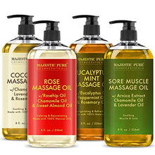 Load image into Gallery viewer, MAJESTIC PURE Sore Muscle Massage Oil, Coconut Massage Oil, Rose Massage Oil, and Eucalyptus Mint Massage Oil (8 fl oz Each) Bundle
