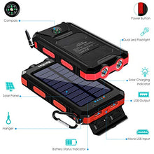 Load image into Gallery viewer, Solar Charger 20000mAh, BENFISS Ultra-Portable Durable Solar Power Bank with 2 USB Output 2 LED Flashlight and Compass, Waterproof Solar Battery Pack for Outdoor Activities/Emergency (Red)

