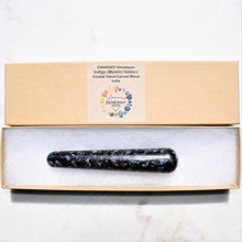 Load image into Gallery viewer, Charged 4" Mystic Indigo Gabbro Crystal Massage Wand + Selenite Charging Heart Included (Stone of Enlightenment Healing Energy)
