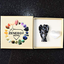 Load image into Gallery viewer, Zenergy Gems Selenite Charged Hand Carved Natural 2" Mystic Indigo Gabbro Crystal Guardian Pocket Angel + Selenite Pocket Puffy Heart Charger [Included]
