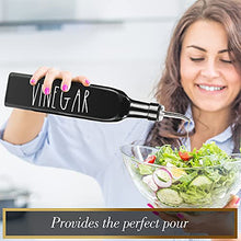 Load image into Gallery viewer, Farmhouse Oil and Vinegar Dispenser Set by Brighter Barns - Black &amp; White Olive Oil Dispenser Bottle with Caddy Holder &amp; Stainless Steel Spout - Cute Modern Vintage Glass Cruet for Kitchen -500ml 17oz
