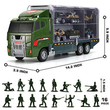 Load image into Gallery viewer, 26 Pcs Military Truck with Soldier Men Set(2 in 1), Mini Die-cast Battle Car in Carrier Truck, Army Toy Double Side Transport Vehicle for Kid Child Girl Boy Play Birthday Party Favors

