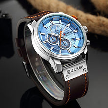 Load image into Gallery viewer, Men Leather Strap Military Watches Men's Chronograph Waterproof Sport Wrist Date Quartz Wristwatch Gifts (Silver Blue)
