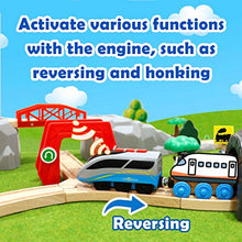 Load image into Gallery viewer, Battery Operated Action Locomotive Train &amp; 10 Pcs Wooden Train Track &amp; 2 Smart Action Tunnels - 13 Piece Train Toy with Accessories and Wooden Tracks
