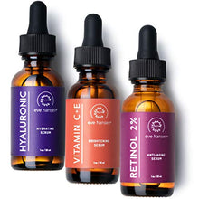 Load image into Gallery viewer, Eve Hansen Anti-Aging Serum Set | Vitamin C Serum, Hyaluronic Acid Serum, Retinol Serum | Brightening Serum, Anti Wrinkle Serum, Dark Spot Corrector for Face, Acne Scars, Pore Minimizer | 3x1 oz

