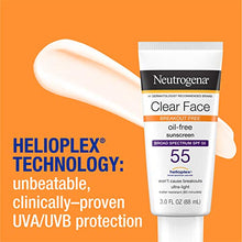 Load image into Gallery viewer, Neutrogena Clear Face Liquid Lotion Sunscreen for Acne-Prone Skin, Broad Spectrum SPF 55 with Helioplex Technology, Oil-Free, Fragrance-Free &amp; Non-Comedogenic, 3 fl. oz
