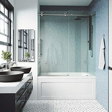 Load image into Gallery viewer, VIGO VG6044STCL6066 2.75"L -60"W -66"H Elan Cass Aerodynamic Frameless Sliding Tub Door with Clear Tempered Glass and Stainless Steel Hardware in Stainless Steel Finish with Reversible Handle
