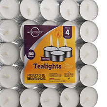 Load image into Gallery viewer, MontoPack Unscented Tea Lights Candles in Bulk | 200 White, Smokeless, Dripless &amp; Long Lasting Paraffin Tea Candles | Small Votive Mini Tealight Candles for Home, Pool, Shabbat, Weddings &amp; Emergencies
