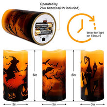 Load image into Gallery viewer, Halloween Flickering Flameless Candles - Battery Operated LED Real Wax Candles with 6 Hours Timer - Bats, Castle, Witch LED Flickering Candles for Halloween Christmas Wedding Party Decor, Pack of 3
