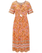 Load image into Gallery viewer, Arach&amp;Cloz Women's Boho Tie Neck Printed Short Sleeve Floral Summer Loose Tassels Casual Midi Dress with Pockets (Floral01,S)
