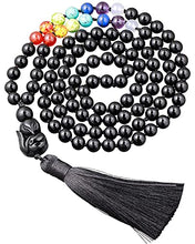 Load image into Gallery viewer, Lightock 108 Mala Beads with 7 Chakra Necklaces Black Obsidian Fox Necklace Healing Gemstone Meditation 8mm Mala Beaded Tassel Handmade Knotted
