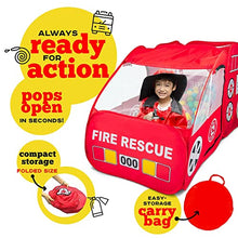 Load image into Gallery viewer, Fire Truck Tent with Sound Button for Kids Toddlers Boys &amp; Girls - Red Fire Engine Pop Up Pretend Playhouse Indoors &amp; Outdoors - Quick Set Up Weather Proof Fabric Foldable &amp; Spacious – Great Gift Idea
