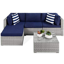 Load image into Gallery viewer, Best Choice Products 5-Piece Modular Outdoor Sofa Conversation Furniture Set, Patio Wicker Sectional for Backyard, Garden w/ 3 Chairs, Ottoman Chair, 2 Pillows, 6 Seat Clips, Coffee Table - Gray/Navy
