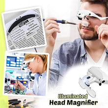 Load image into Gallery viewer, Pstars LED Illuminated Headband Magnifier with Bonus Cleaning Cloth and 5 Detachable Lenses 1X, 1.5X, 2X, 2.5X 3.5X Hands-Free Head Worn Lighted Magnifying Glass
