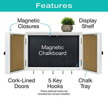 Load image into Gallery viewer, Wooden Rustic Magnetic Chalkboard: 12" x 17" Wall Mounted Entryway Cabinet Includes Cork Board and Erasable Chalk Board Organizer Display Shelf and Key Hooks (White)
