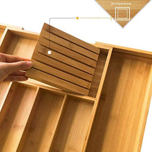 Load image into Gallery viewer, Bamboo Silverware Drawer Organizer Kitchen, Expandable Utensil Holder and Cutlery Tray with Divider | 13"-21.6" Flatware Storage and Removable Knife Block
