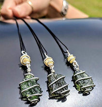 Load image into Gallery viewer, MOLDAVITE &amp; RHODIZITE NECKLACE Wire Wrap 925 Silver on a 19" Durable Black Silk Chain! Metaphysical Reiki Healing Energy Genuine Czech Synergy 12 Crystal Pendant Tektite!
