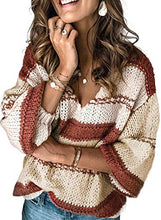Load image into Gallery viewer, Ecrocoo Womens Drop Shoulder Knitted Sweaters Casual Long Sleeve V Neck Striped Color Block Chunky Pullover Tops,Red XL
