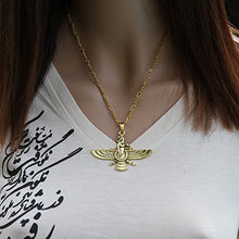 Load image into Gallery viewer, Asoodehdelan Large Gold Pt Farvahar Necklace Iranian Persian Art Iran Farohar Zoroastrian Faravahar Gift (18" Chain)
