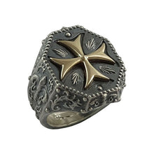 Load image into Gallery viewer, Knights Templar Maltese Cross Mens Ring Fleur De Lis Silver 925 and 10K Gold Masonic Jewelry
