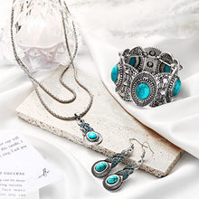 Load image into Gallery viewer, 3 Pieces Bohemian Turquoise Set Women Western Jewelry Turquoise Pendant Necklace Western Turquoise Alloy Earrings Stretchable Turquoise Bracelet for Women Western Boho Jewelry Set
