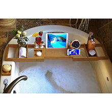 Load image into Gallery viewer, Wine Rack H Luxury Bamboo Bathtub Caddy Bath Tub Tray with Extending Sides Built in Book Tablet Holder Cellphone Tray &amp; Integrated Wineglass Holder and Other Accessories Placement

