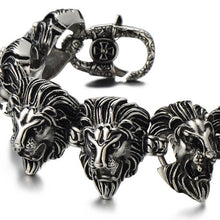 Load image into Gallery viewer, COOLSTEELANDBEYOND Gothic Biker Large Lion Head Link Bracelet for Men Stainless Steel Silver Black Two-Tone
