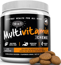 Load image into Gallery viewer, 10 in 1 Multivitamin Chew Treats for Dogs. 20 Healthy Actives: Glucosamine, Chondroitin &amp; Turmeric for Joint Support, Omega Fish Oil for Skin, Pumpkin &amp; Cranberry for Gut &amp; Immune Health.120ct 
