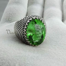 Load image into Gallery viewer, Peridot Mens Ring, 925 Sterling Silver, Checker Peridot Ring, Mens Gemstone Ring, Heavy Mens Ring, Father's Day, Huge Ring, Ring For Him
