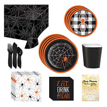 Load image into Gallery viewer, Halloween Party Supplies, Spider &amp; Buffalo Plaid Design, 16 Guests, 129 Pieces, Disposable Paper Dinnerware, Plate, Napkin, Cups, Cutlery and Table Cover Set
