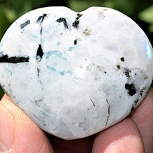Load image into Gallery viewer, Zenergy Gems Selenite Charged Hand-Carved Natural Rainbow Moonstone Pocket Puffy Heart/Palm Heart/Worry Stone + Baby Selenite Puffy Heart Charging Crystal [Included]
