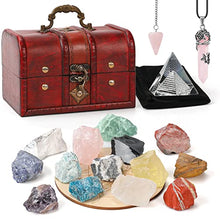 Load image into Gallery viewer, Soulnioi 18Pcs Crystals and Healing Stones Set (14 Healing Chakra Stones, Natural Quartz Pendulum, Spiritual Crystal Necklace) + Gift Wooden Box, for Meditation, Yoga, Collection, Girlfriend, Lady
