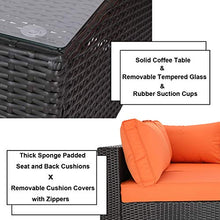 Load image into Gallery viewer, Furnimy 7 Pieces Outdoor Indoor Sectional Sofa Set Patio Furniture Set Rattan Wicker Expresso with Seat Cushions, Glass Top Coffee Table and 2 Pillows (Orange)
